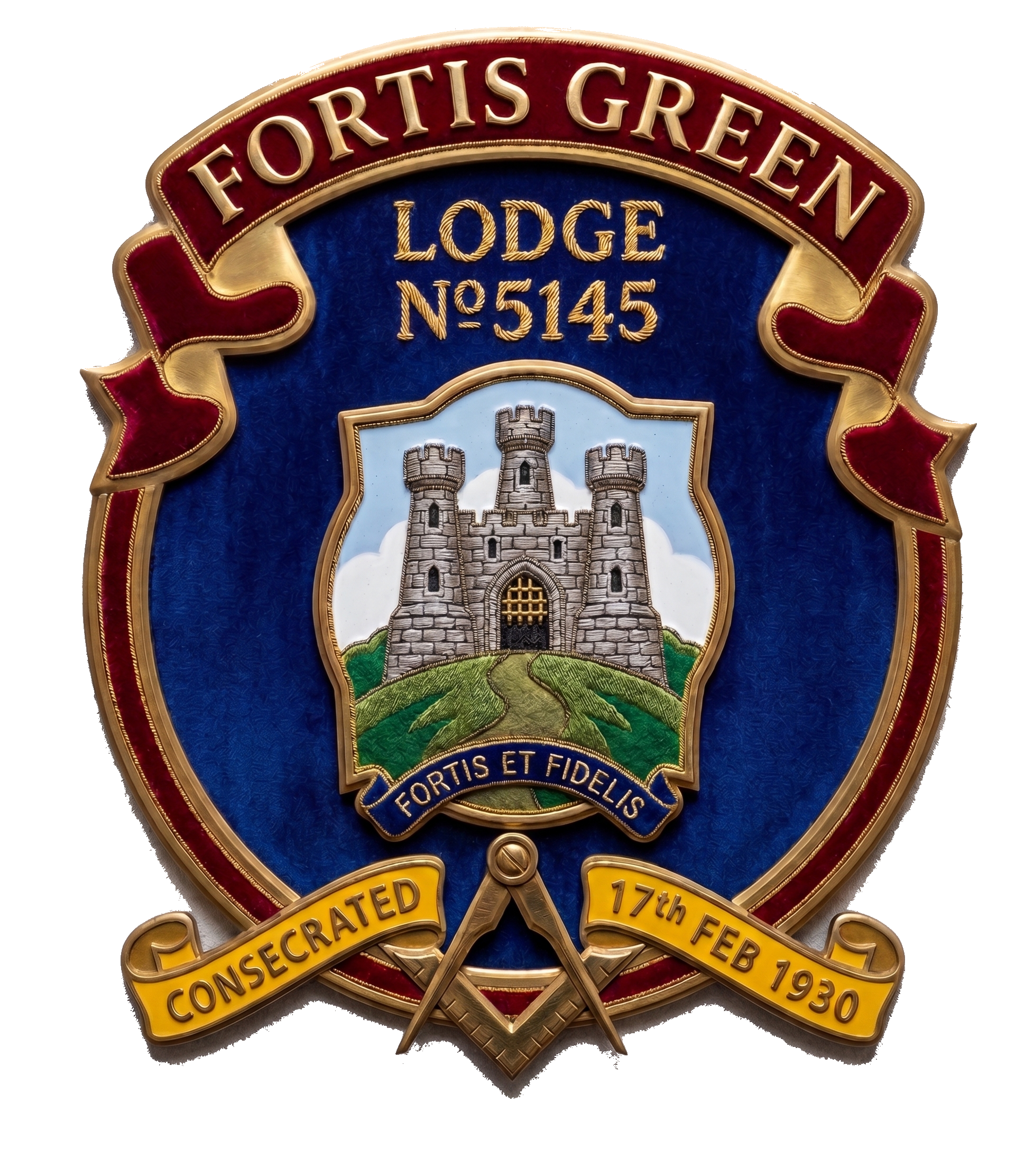 Fortis Green Lodge crest — a fort on a green, Fortis et Fidelis